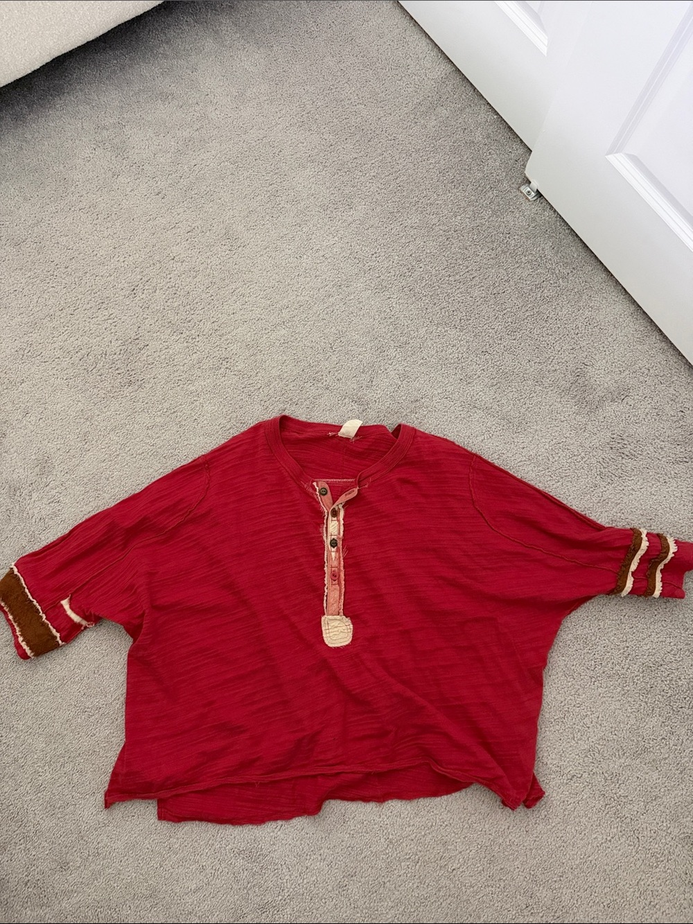 Free People Red Henley Sweatshirt with Brown Trim